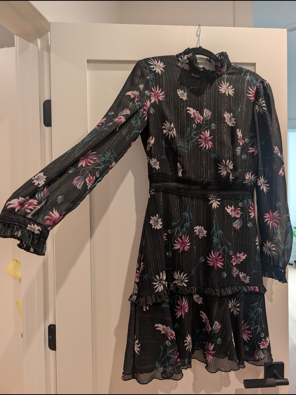 Donna Morgan Black Floral Ruffle Long Sleeve Dress